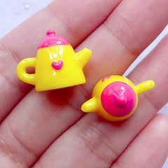 3D Tea Kettle Charms | Miniature Teapot | Kawaii Afternoon Tea Cabochons | Novelty Jewellery DIY (2pcs / Pink & Yellow / 19mm x 15mm)