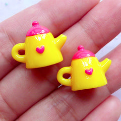 3D Tea Kettle Charms | Miniature Teapot | Kawaii Afternoon Tea Cabochons | Novelty Jewellery DIY (2pcs / Pink & Yellow / 19mm x 15mm)