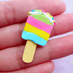 B GRADE Rainbow Ice Pop Cabochons | Fimo Popsicle with Sprinkles Toppings | Decoden Sweets Supplies | Kawaii Phone Case Deco (1 piece / Green, Pink, Yellow & Blue / 18mm x 32mm)