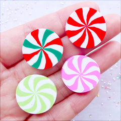 Peppermint Candy Cabochons | Polymer Clay Sweets Deco Cabochon | Kawaii Fimo Food Jewelry | Christmas Cell Phone Decoration | Cute Decoden Supplies (4 pcs / 21mm x 4mm / Flat Back / Double Sided)