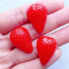 Strawberry Cabochons | Resin Fruit Cabochon | Sweet Deco | Kawaii Phone Case | Decoden Supplies (3pcs / Red / 17mm x 23mm / Flatback)