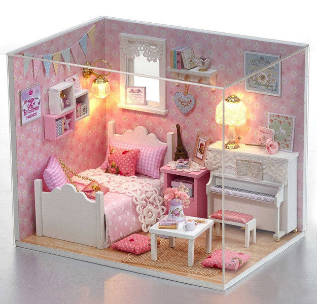 Miniature Kit with Furniture in 1:24 Scale | Dollhouse Bedroom with LED light | Kawaii Crafts