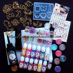 Kawaii UV Resin Craft Kit | Deluxe Set including Cute Open Bezels, Pigments, Clear Soft Mold, UV Torch, Glitters, Mini Embellishments, Stickers, Working Mat