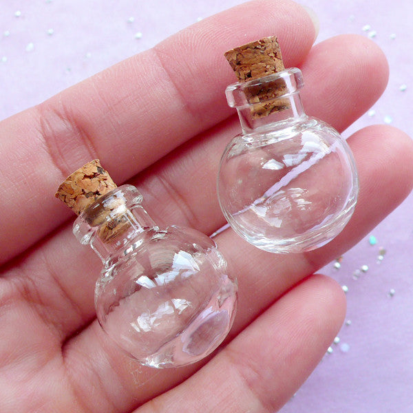 Miniature Glass Bottle in Round Ball Shape | Dollhouse Glass Vial | Mini  Glass Jar | Terrarium Pendant Making (17mm x 23mm / 2 pcs)