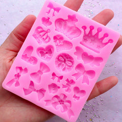 Kawaii Silicone Mold | Crown Bow Ribbon Heart Flexible Mould (19 Cavity) | Clay & Resin Craft Supplies