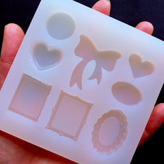 Kawaii Resin Silicone Molds | Heart Ribbon Round Oval Photo Frame Cameo Setting Flexible Mould (8 Cavity) | Epoxy Resin Cabochon Making | Decoden Supplies