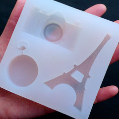 Camera Mold | Pocket Watch Mold | Eiffel Tower Mold | Paris Decoden | Epoxy Resin Silicone Mold | Kawaii Resin Crafts (3 Cavity)