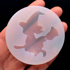 Kawaii Witch on a Broomstick Mold | Halloween Silicone Mould | Kawaii Goth Cabochon Making | Soft Clear Mold (45mm x 48mm)