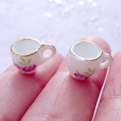 Dollhouse Porcelain Coffee Cups with Floral Pattern | Miniature Ceramic Tea Cup | Victorian Doll House Tableware | Lolita Jewellery Making (2 pcs / 9mm x 8mm)