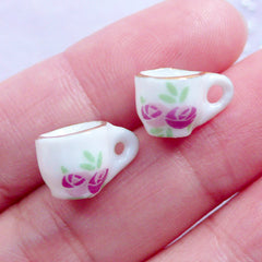 Dollhouse Porcelain Coffee Cups with Floral Pattern | Miniature Ceramic Tea Cup | Victorian Doll House Tableware | Lolita Jewellery Making (2 pcs / 9mm x 8mm)