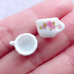 Miniature Porcelain Tea Cups with Flower Pattern | Doll House Ceramic Coffee Cup | Dollhouse Pottery Tableware | Mini Food Jewelry Making (2 pcs / 11mm x 9mm)