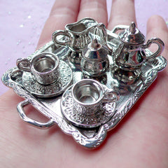 Dollhouse Silver Tea Set | Miniature Coffee Set | Doll House Tableware