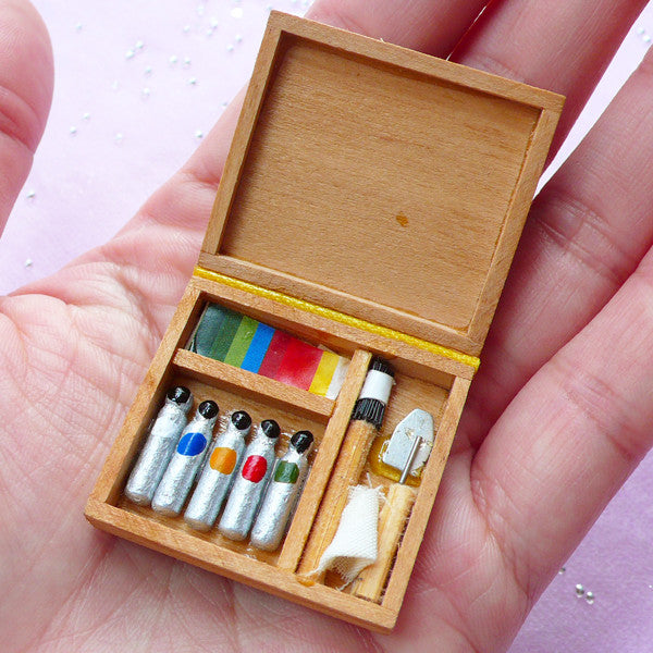 Dollhouse Miniature Artist Paint Box | Doll House Oil Paint Set (Color,  Brush & Tool)