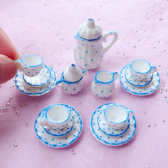 Dollhouse Miniature Ceramic Tea Set | Doll House Teapot & Tea Cups (Set of 15pcs)