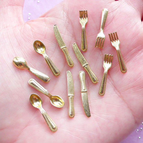 Dollhouse Cutlery in Gold Color Miniature Spoon, Fork & Knife Doll