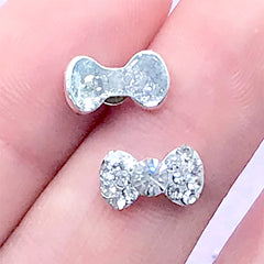 CLEARANCE Tiny Bowtie Bow Cabochon (2pcs) (Silver w/ Clear Rhinestones) Fake Miniature Cupcake Topper Earring Making Nail Art Decoration NAC067