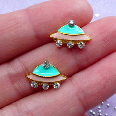 Spaceship Metal Cabochon with Rhinestones | Bling Bling UFO | Mini Flying Saucer Floating Charm | Nail Decoration (2pcs / 14mm x 9mm)