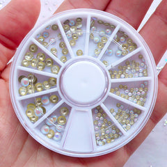 Tiny Nail Art Stud Wheel | Assorted Circle Metal Studs | Faux Moonstone Cabochon Mix | Round Nail Charms (2mm, 3mm & 4mm / AB White / Flat Back)