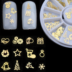 Christmas Nail Art Decal Wheel | Assorted Nail Embellishments | Manicure Supplies | Nail Decoration | Nail Charm Mix | Kawaii Resin Crafts (12 Designs / Gold)