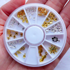 Nautical & Marine Life Nail Charm Wheel | Beach Nail Art Embellishments | Kawaii Resin Craft Supplies (12 Designs / Seashell Conch Starfish Seahorse Turtle Anchor Ship Wheel / Gold & Silver)