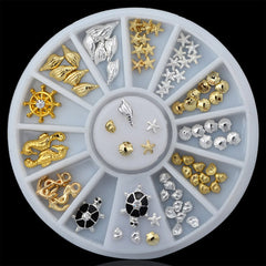 Nautical & Marine Life Nail Charm Wheel | Beach Nail Art Embellishments | Kawaii Resin Craft Supplies (12 Designs / Seashell Conch Starfish Seahorse Turtle Anchor Ship Wheel / Gold & Silver)