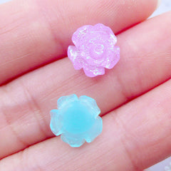 Glittery Flower Cabochons | Tiny Mini Floral Cabochons with Glitter | Pastel Flower Embellishment | Fairy Kei Nail Art Flowers | Kawaii Nail Deco Supplies | Resin Decoden Pieces (6pcs / Assorted Colorful Mix / 10mm / Flat Back)