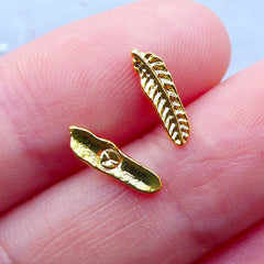 Tiny Feather Nail Charms | Mini Metal Cabochon for Resin Crafts | Floating Charms | Nail Art Supplies | Resin Fillers | Memory Locket Making | Nail Decoration (4pcs / Gold / 3mm x 10mm / Flat Back)