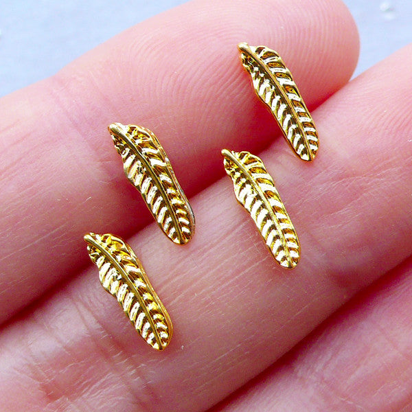 Tiny Feather Nail Charms | Mini Metal Cabochon for Resin Crafts | Floating Charms | Nail Art Supplies | Resin Fillers | Memory Locket Making | Nail Decoration (4pcs / Gold / 3mm x 10mm / Flat Back)