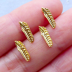Tiny Feather Nail Charms | Mini Metal Cabochon for Resin Crafts | Floating Charms | Nail Art Supplies | Resin Fillers | Memory Locket Making | Nail Decoration (4pcs / Gold / 3mm x 10mm / Flat Back)