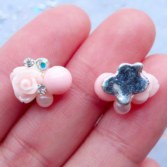 Baby Pink Flower Nail Charms with Rhinestones | Floral Nail Art | Kawaii Nail Designs | UV Resin Art | Mini Embellishments | Stud Earrings Making (2pcs / 13mm x 10mm)