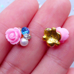 Floral Nail Charms with Rhinestones | Flower Nail Art | Kawaii Nail Deco | UV Resin Craft | Tiny Embellishments | Stud Earrings DIY (2pcs / 12mm x 8mm)