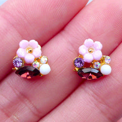 Sakura Nail Charms with Rhinestones | Tiny Mini Cherry Blossom Cabochon | Flower Nail Designs | Floral Nail Decoration | UV Resin Crafts | Nail Art Supplies (2pcs / Purple / 9mm x 9mm)