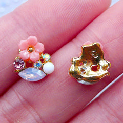 Sakura Nail Art Charms with Rhinestones | Cherry Blossom Nail Design | Mini Floral Embellishments | Tiny Flower Cabochon | UV Resin Craft (2pcs / Pink / 9mm x 9mm)