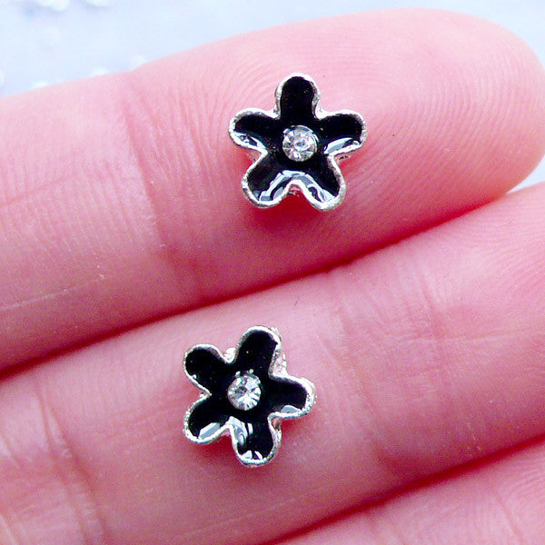 CLEARANCE Black Flower Nail Charms with Rhinestones, Flower Floating, MiniatureSweet, Kawaii Resin Crafts, Decoden Cabochons Supplies