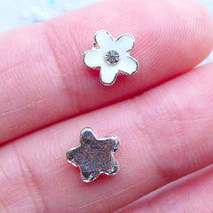 White Flower Nail Art Charms with Rhinestones | Floral Floating Charm | Flower Nail Art | Nail Decorations | UV Resin Crafts | Memory Locket Supplies (2pcs / White / 8mm x 7mm)