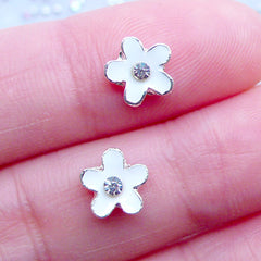 White Flower Nail Art Charms with Rhinestones | Floral Floating Charm | Flower Nail Art | Nail Decorations | UV Resin Crafts | Memory Locket Supplies (2pcs / White / 8mm x 7mm)