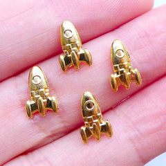 Rocket Ship Nail Charms | Small Space Shuttle Cabochons | Spacecraft Embellishments for Kawaii UV Resin Art | Astronomy Jewelry DIY (4pcs / Gold / 6mm x 10mm / 2 Sided)