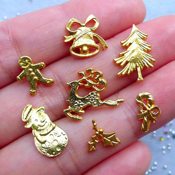Mini Christmas Embellishments | Assorted UV Resin Filling Materials | Gingerbread Man Snowman Reindeer Christmas Tree Leaves Bell Candy Stick | Kawaii Craft Supplies (Set of 7pcs / Gold)