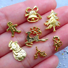 Mini Christmas Embellishments | Assorted UV Resin Filling Materials | Gingerbread Man Snowman Reindeer Christmas Tree Leaves Bell Candy Stick | Kawaii Craft Supplies (Set of 7pcs / Gold)