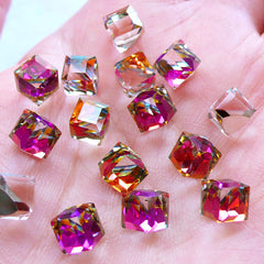 Cube Shaped Glass Rhinestones with Flat Back Silver Foiled Corner | Cubic Glass Gemstones | Glue On Glass Jewel | Faceted Square Crystal | Bling Bling Aurora Borealis Embellishment (6pcs / 6mm / AB Clear )