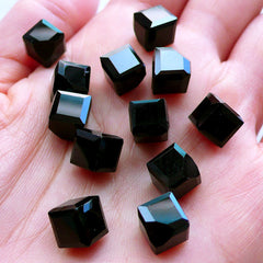 Square Cube Shaped Glass Gems | Cubic Glass Jewels with Flat Back Corner | Glue On Glass Rhinestones | Faceted Square Crystal | Jewellery Craft Supplies (4pcs / 8mm / Black)