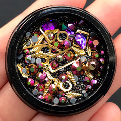 Rhinestones Metal Accents Micro Beads Gemstones Assortment | Shaker Charm Making | Nail Art Decoration (Purple Pink & Black)