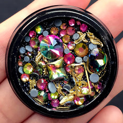 Iridescent Gemstones Rhinestones Metal Accents Micro Beads Mix | Kawaii Goth Decoration | Memory Locket Supplies (Iridescent Black)