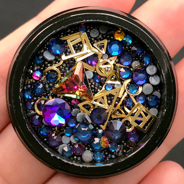 Iridescent Rhinestones Glass Gemstones Micro Beads Metal Accents Mix |  Filling Materials for Shaker Charm | Kawaii Gothic (Purple Blue & Black)