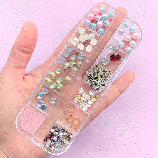 Small Embellishment Assortment for Nail Art | Assorted Gemstones Rhinestones Pearls | Resin Inclusions (12 Designs)