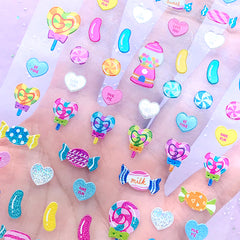 Glittery Candy Stickers | Lollipop Peppermint Sweet Hearts Taffy Bubblegum Gumball Machine Sticker (2 sheets)