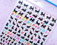 Kawaii Black Cat Stickers | PVC Sticker for Resin Art | Heart & Music Note Diary Deco Stickers