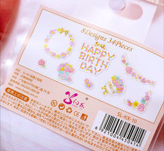 Floral Birthday Stickers | Semi Transparent Flower Paper Stickers | Pastel Planner Stickers | Birthday Card DIY  (Wreath, Rose, Flower Banner, Happy Birthday / 8 Designs / 34 Pieces)