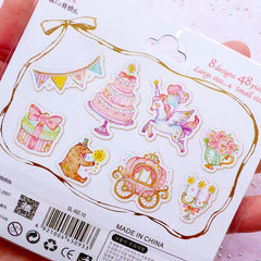 Kawaii Fairy Kei Stickers | Pastel Kei PVC Stickers | Fairytale Sticker | Semi Transparent Planner Stickers | Scrapbook Supplies (Unicorn Carriage Party Banner Present Box Bear Flower Candle Cake / 8 Designs / 48 Pieces)