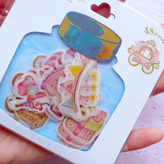 Kawaii Fairy Kei Stickers | Pastel Kei PVC Stickers | Fairytale Sticker | Semi Transparent Planner Stickers | Scrapbook Supplies (Unicorn Carriage Party Banner Present Box Bear Flower Candle Cake / 8 Designs / 48 Pieces)